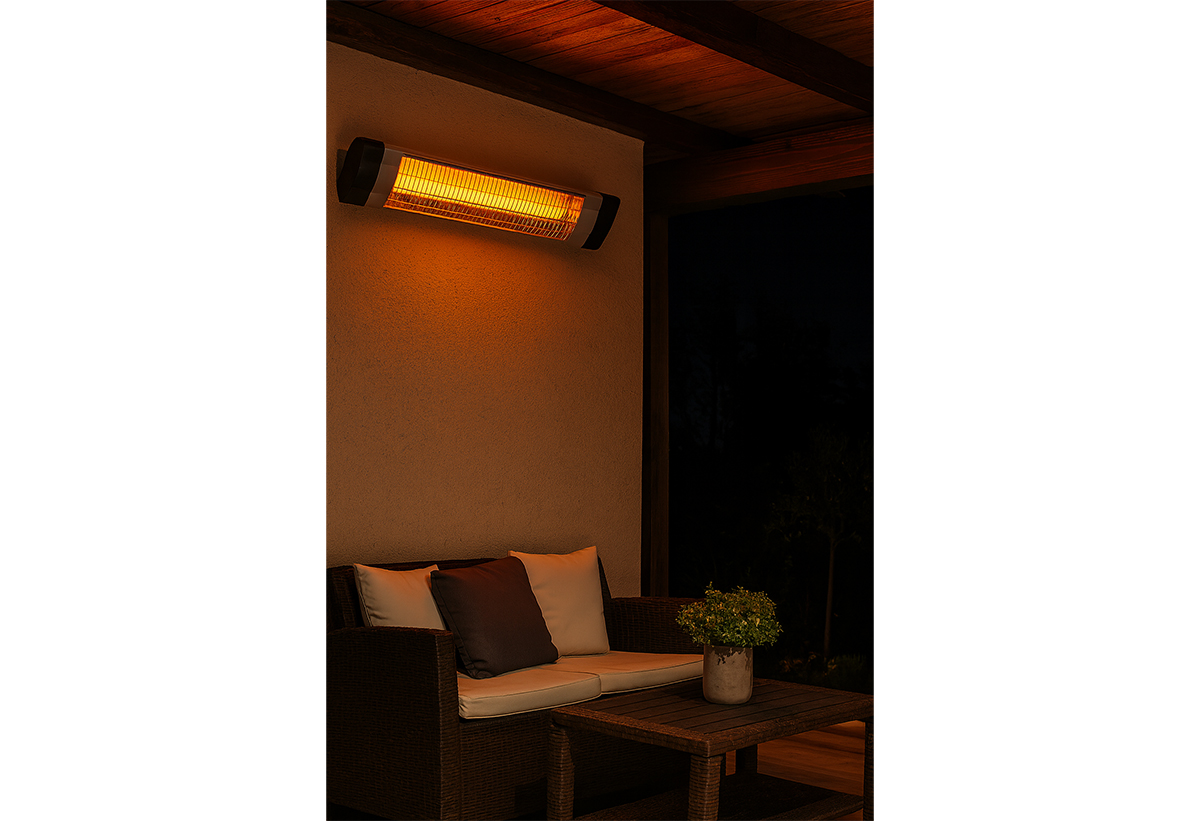 Απεικονίζεται η θερμάστρα εγκατεστημένη σε καθιστικό. Διακρίνεται ένας καναπές και ένα τραπεζάκι.